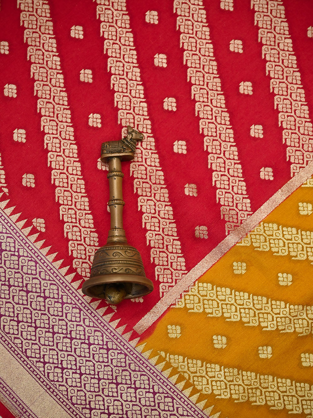 Red Zari Booti Moonga Tussar Silk Handloom Banarasi Suit - Sacred Weaves