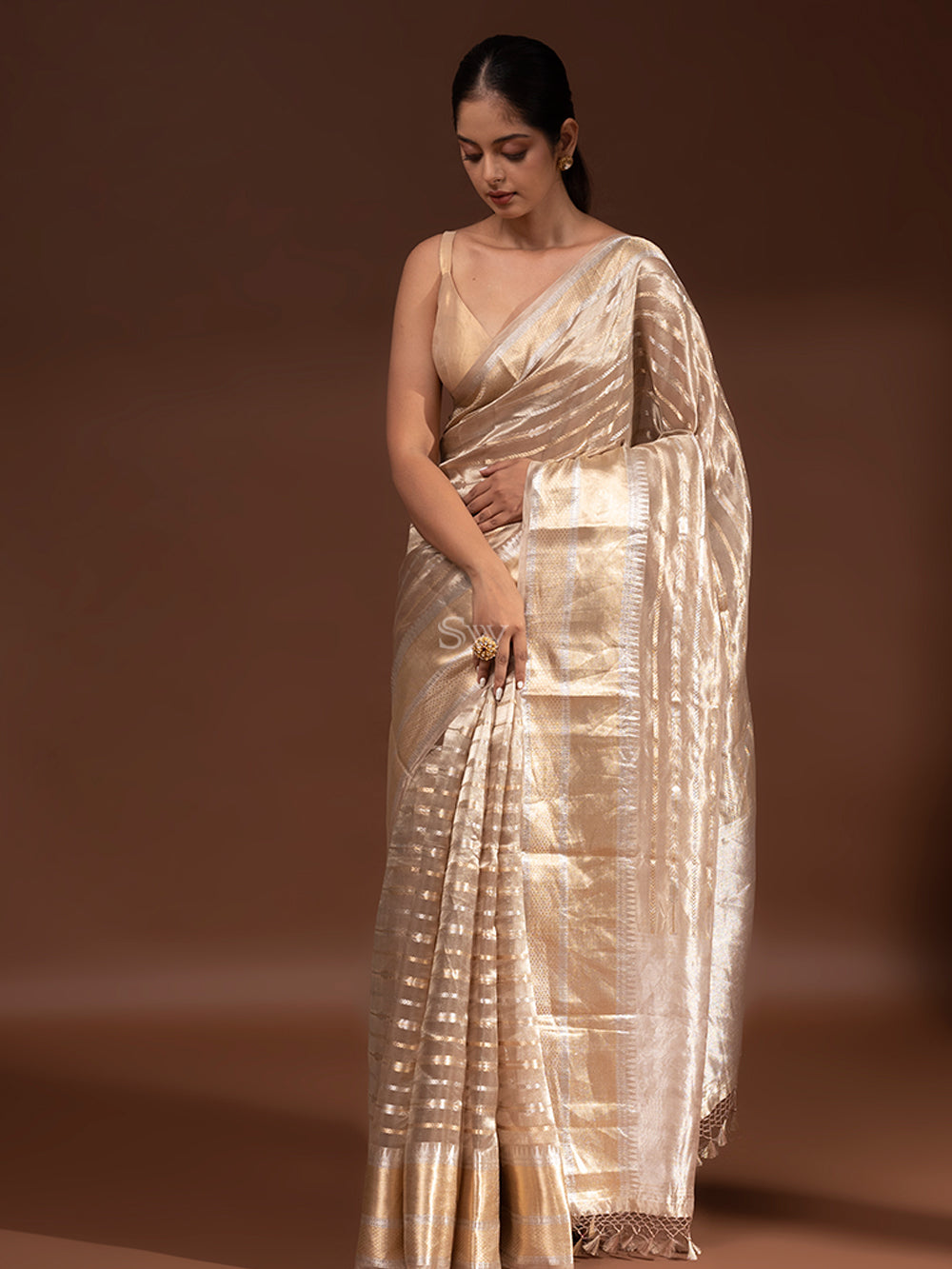 Dark Beige Tissue Handloom Banarasi Saree - Sacred Weaves