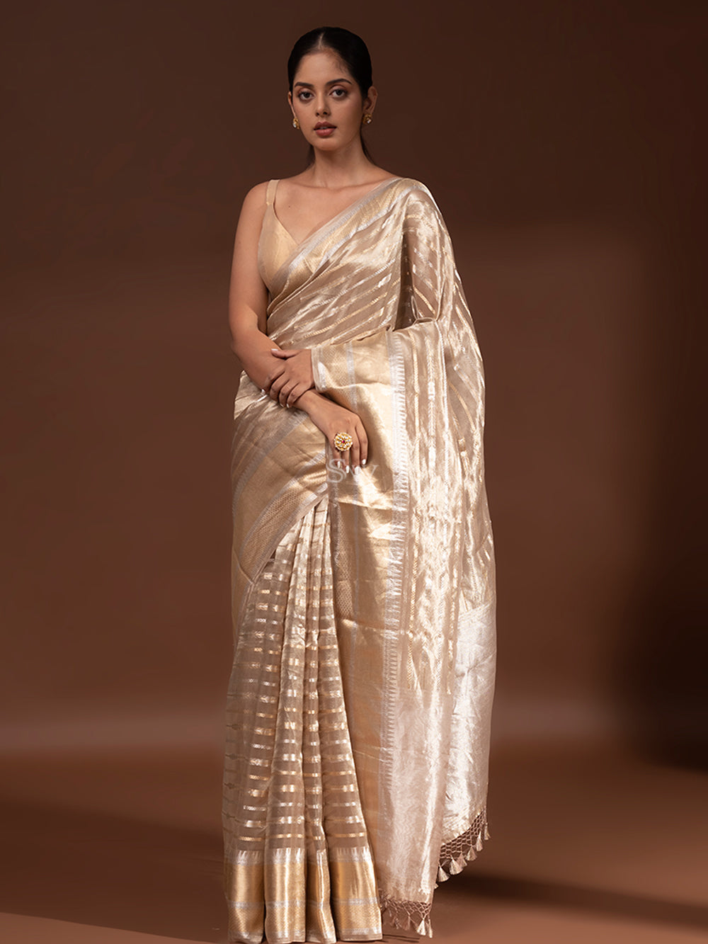 Dark Beige Tissue Handloom Banarasi Saree - Sacred Weaves