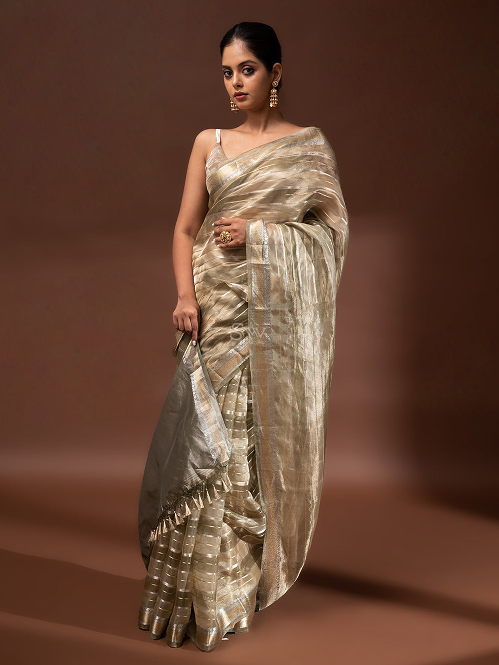 Olive Green Tissue Rangkat Handloom Banarasi Saree - Sacred Weaves