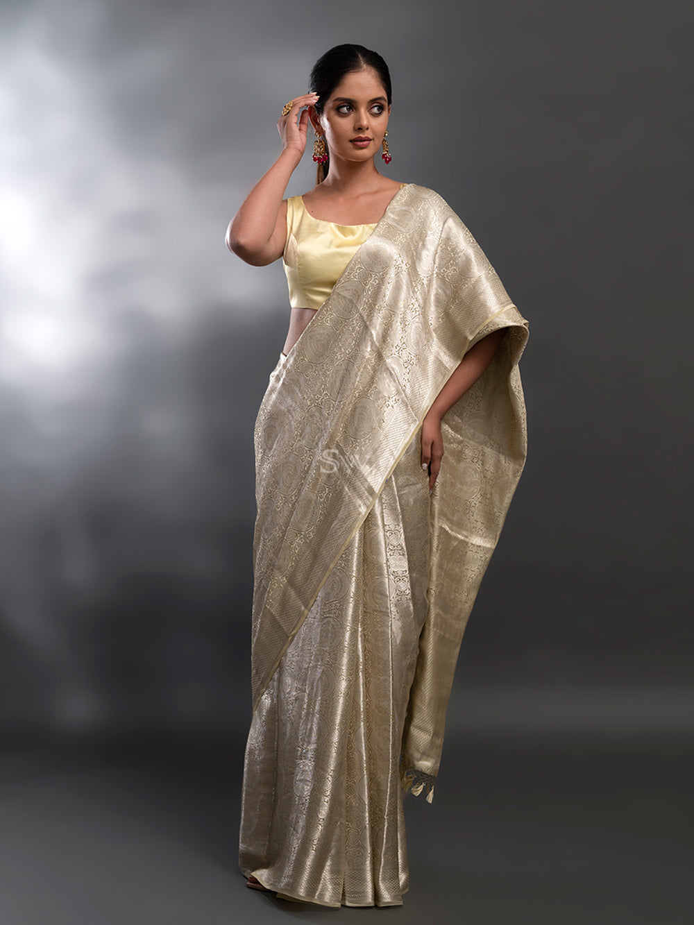 Light Yellow Tissue Brocade Handloom Banarasi Saree - Sacred Weaves
