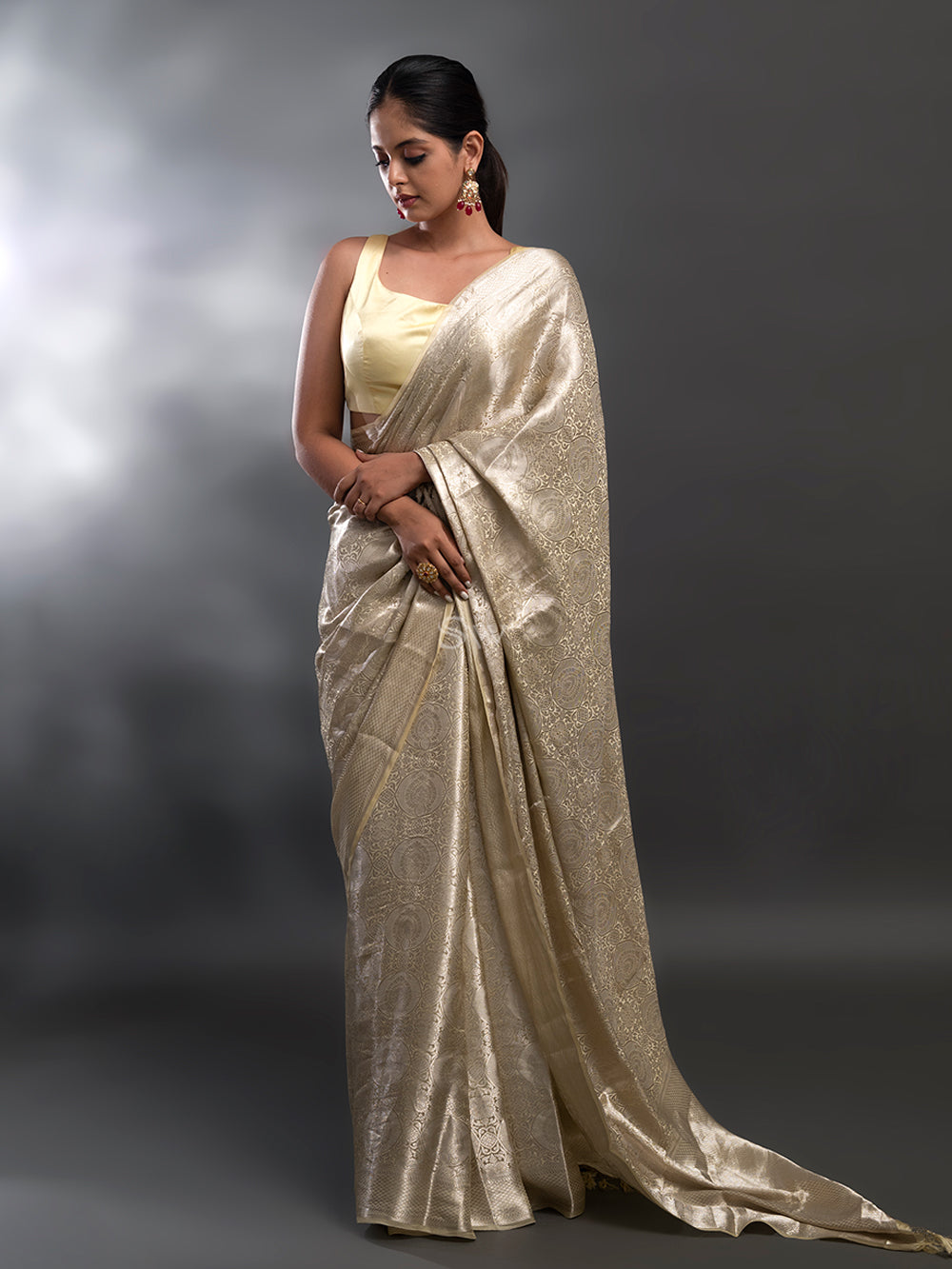 Light Yellow Tissue Brocade Handloom Banarasi Saree - Sacred Weaves