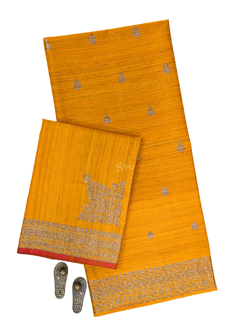Mustard Booti Dupion Silk Handloom Banarasi Suit - Sacred Weaves