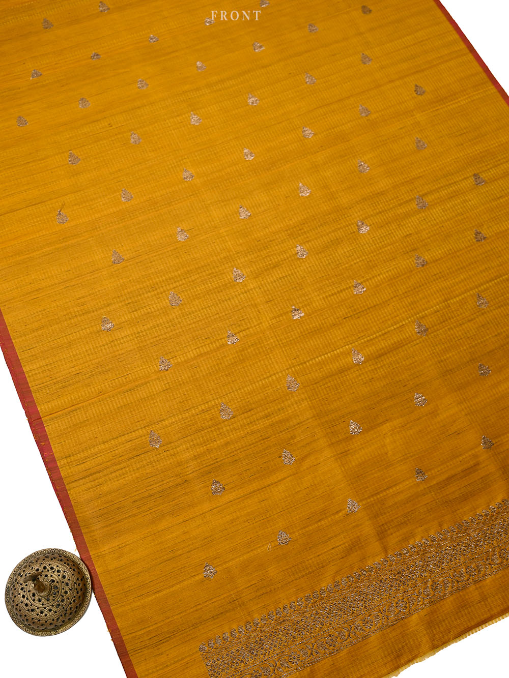 Mustard Booti Dupion Silk Handloom Banarasi Suit - Sacred Weaves