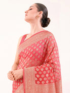 Peach Pink Boota Khaddi Georgette Handloom Banarasi Saree - Sacred Weaves