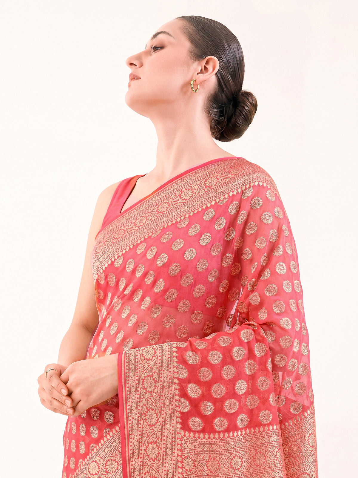 Peach Pink Boota Khaddi Georgette Handloom Banarasi Saree - Sacred Weaves