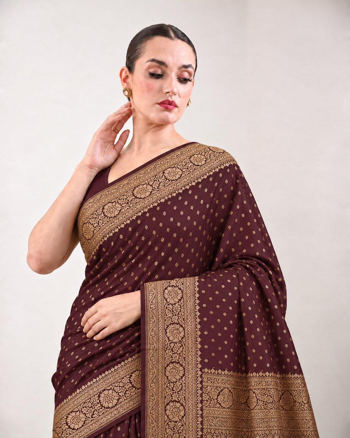 Wine Zari Booti Crepe Silk Handloom Banarasi Saree - Sacred Weaves