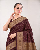 Wine Zari Booti Crepe Silk Handloom Banarasi Saree - Sacred Weaves