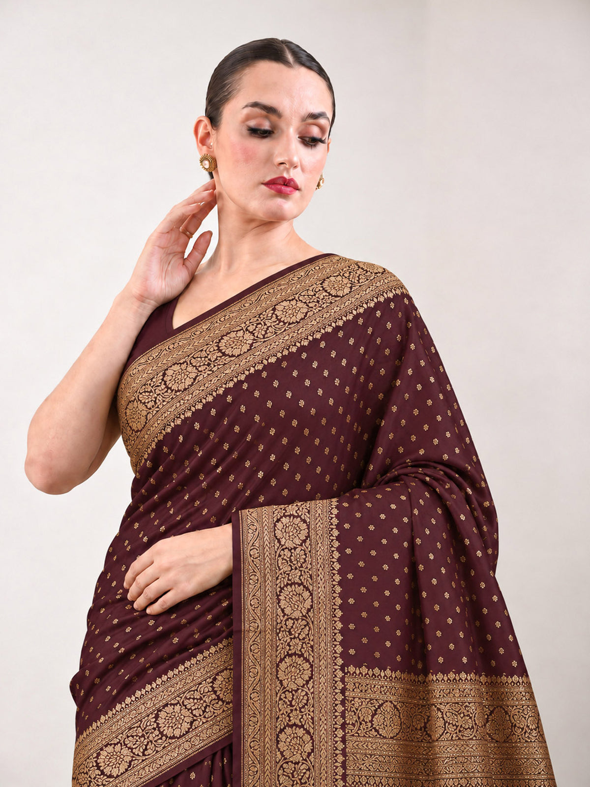 Wine Zari Booti Crepe Silk Handloom Banarasi Saree - Sacred Weaves