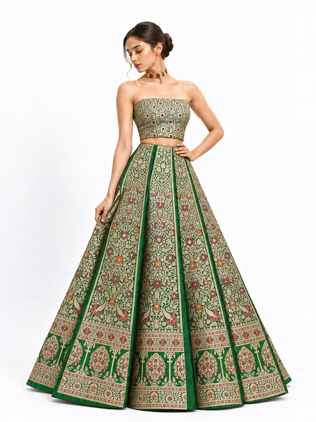 Bottle Green Meenakari Silk Handloom Banarasi Lehenga - Sacred Weaves