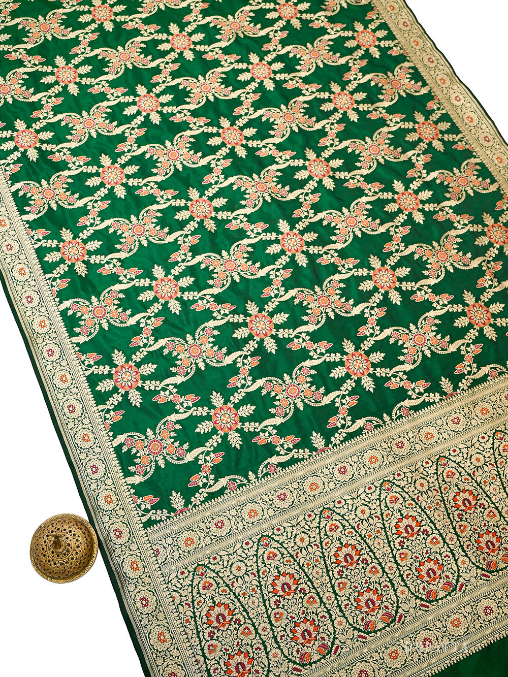 Bottle Green Meenakari Silk Handloom Banarasi Lehenga - Sacred Weaves