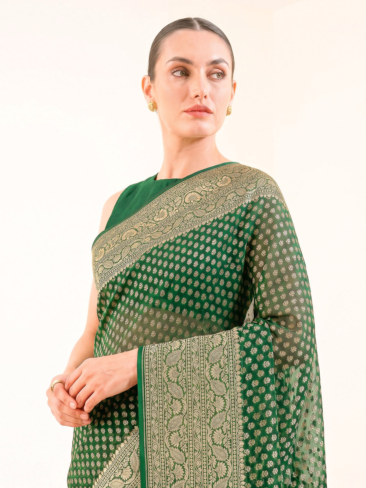 Bottle Green Booti Khaddi Georgette Handloom Banarasi Saree - Sacred Weaves