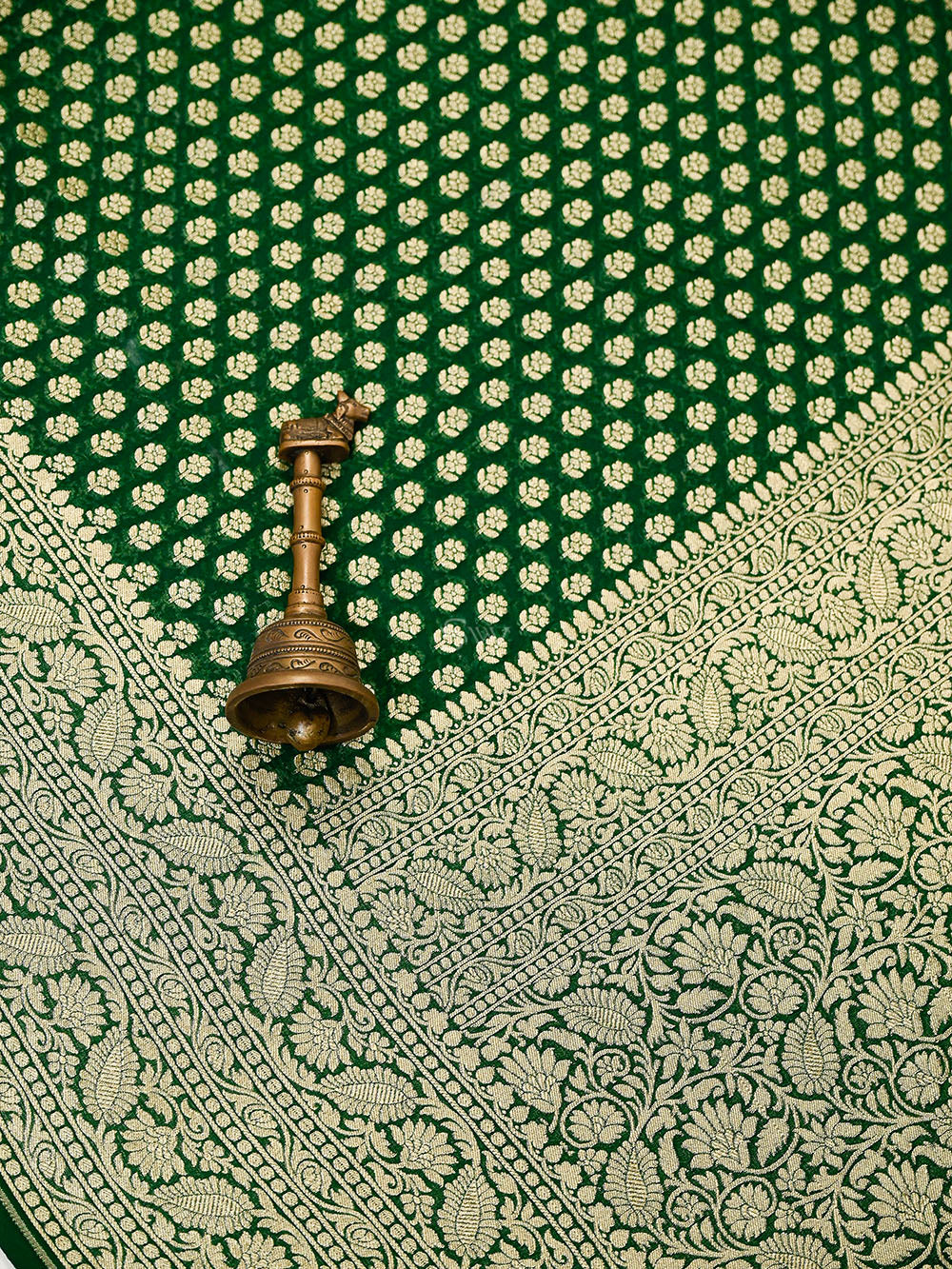 Bottle Green Booti Khaddi Georgette Handloom Banarasi Saree - Sacred Weaves