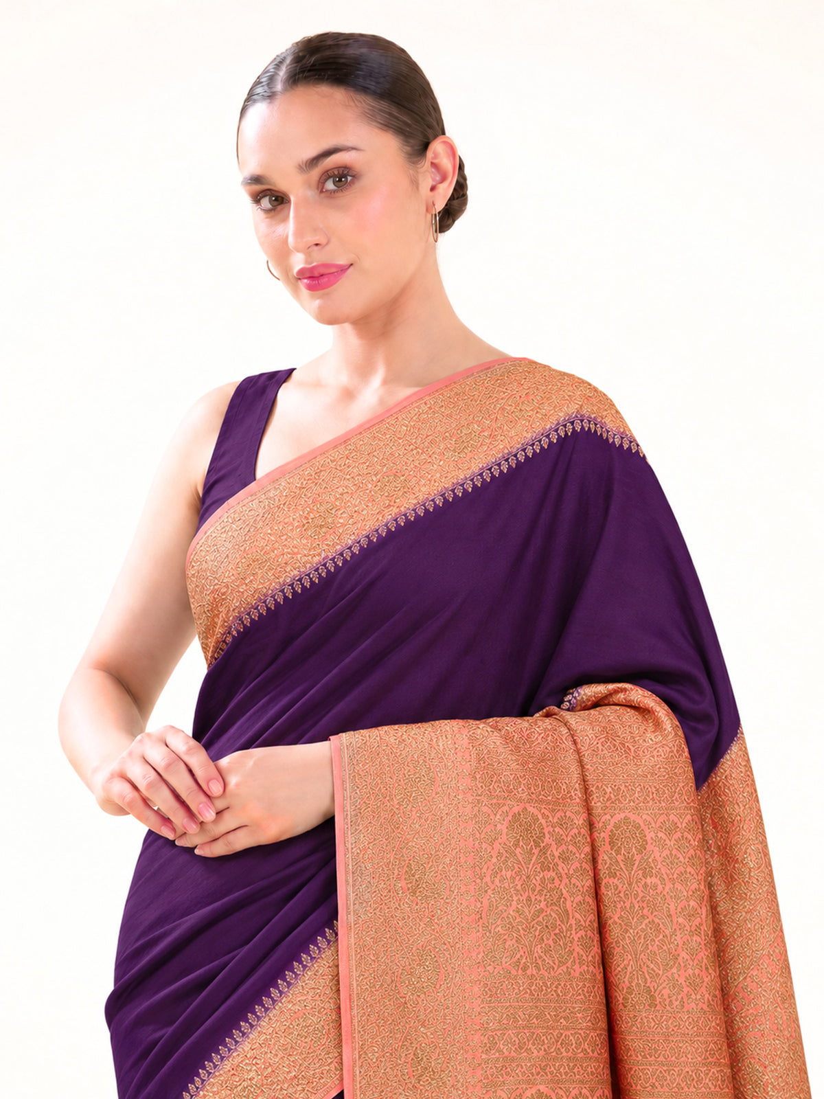 Purple Peach Plain Crepe Silk Handloom Banarasi Saree - Sacred Weaves