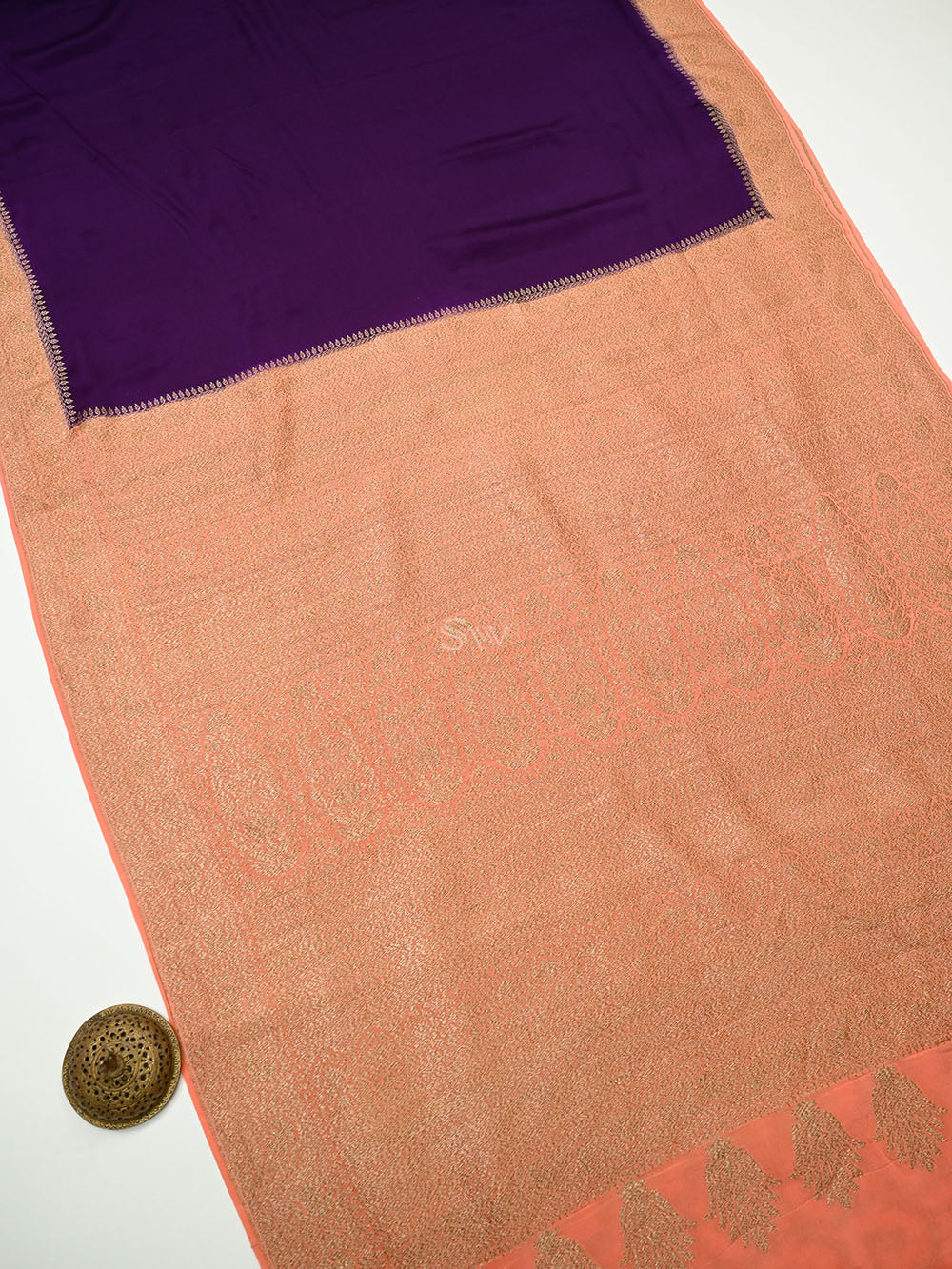 Purple Peach Plain Crepe Silk Handloom Banarasi Saree - Sacred Weaves