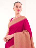 Dark Pink Peach Plain Crepe Silk Handloom Banarasi Saree - Sacred Weaves