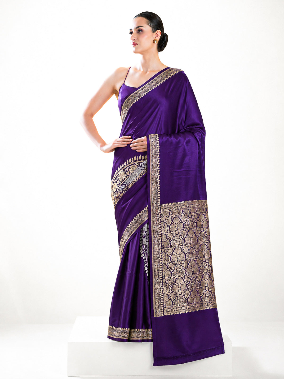 Purple Zari Boota Satin Silk Handloom Banarasi Saree - Sacred Weaves