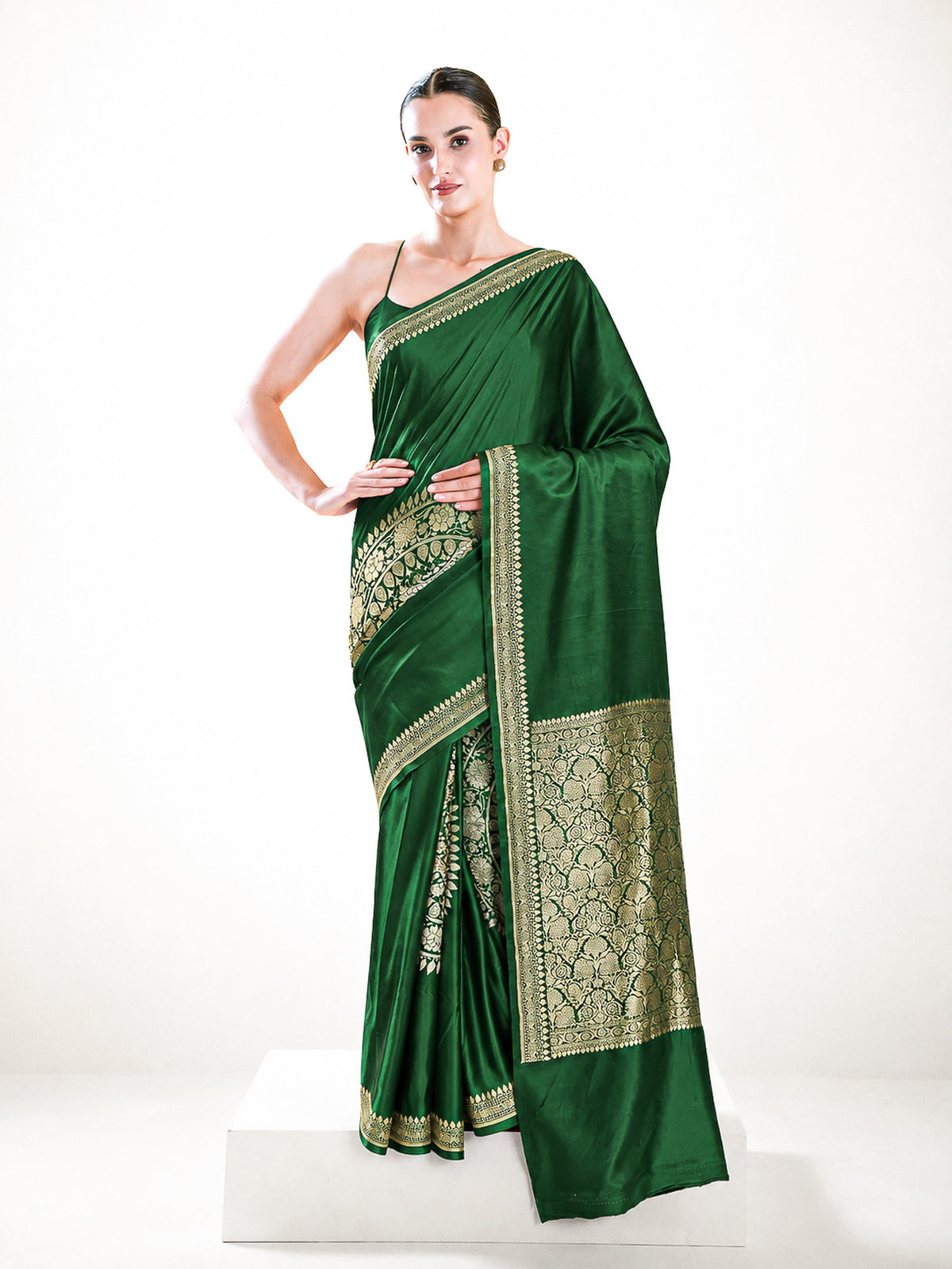 Bottle Green Boota Satin Silk Handloom Banarasi Saree - Sacred Weaves