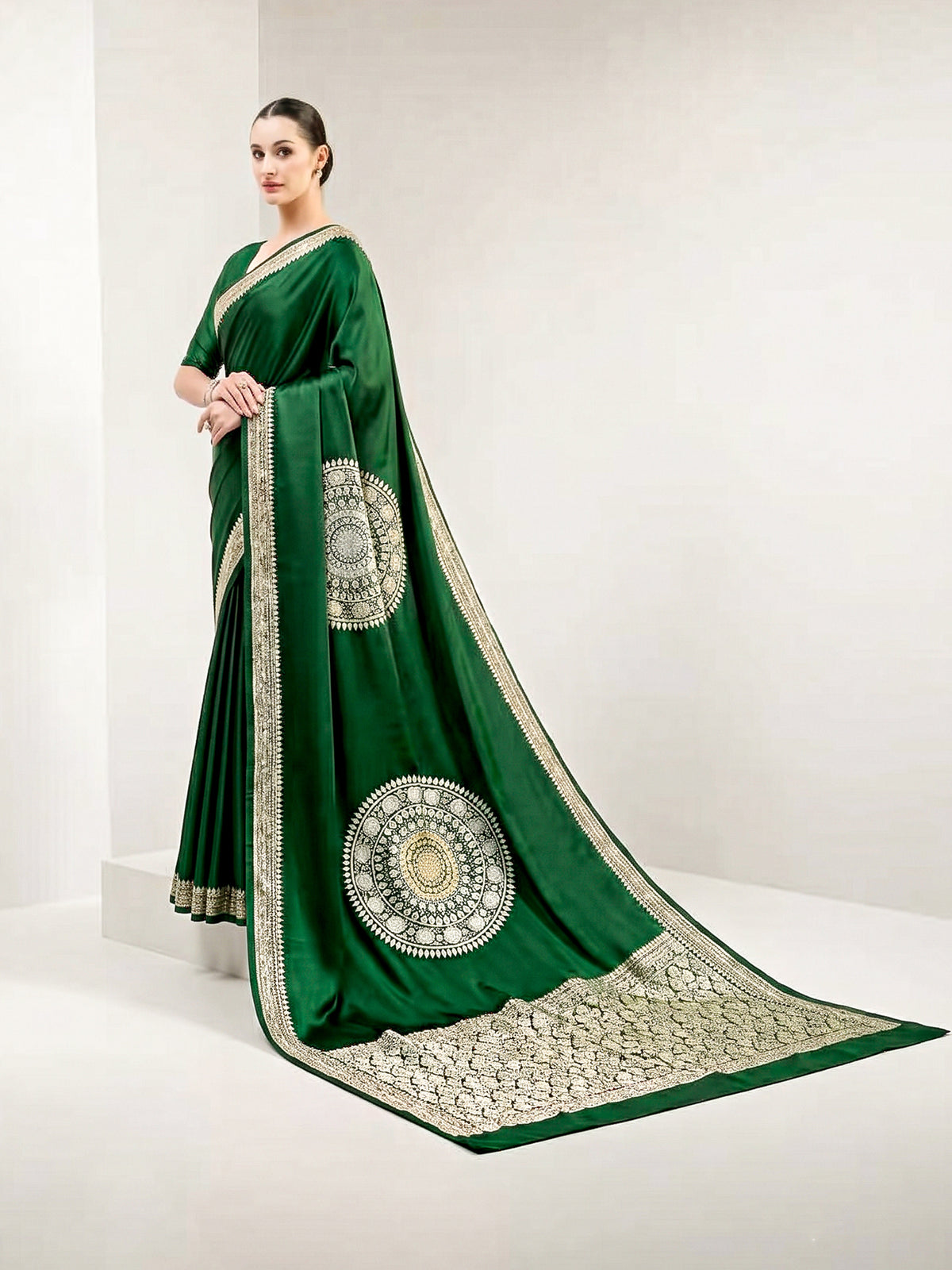 Bottle Green Boota Satin Silk Handloom Banarasi Saree - Sacred Weaves