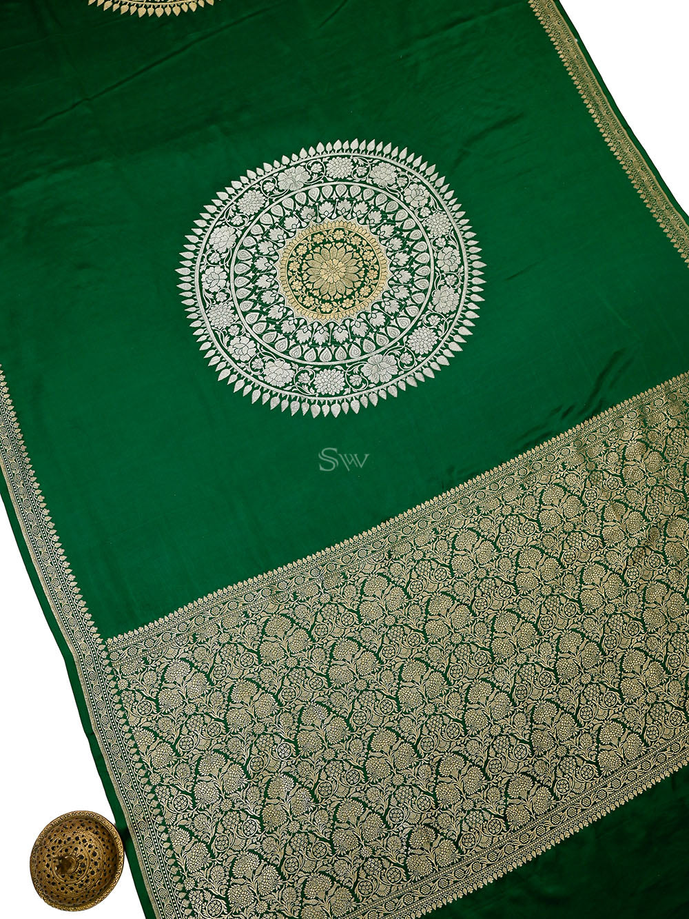 Bottle Green Boota Satin Silk Handloom Banarasi Saree - Sacred Weaves