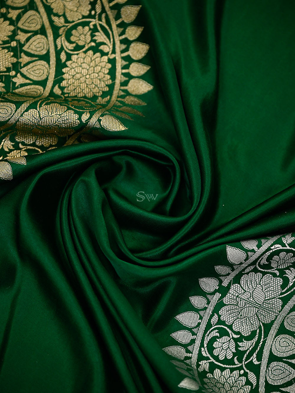 Bottle Green Boota Satin Silk Handloom Banarasi Saree - Sacred Weaves