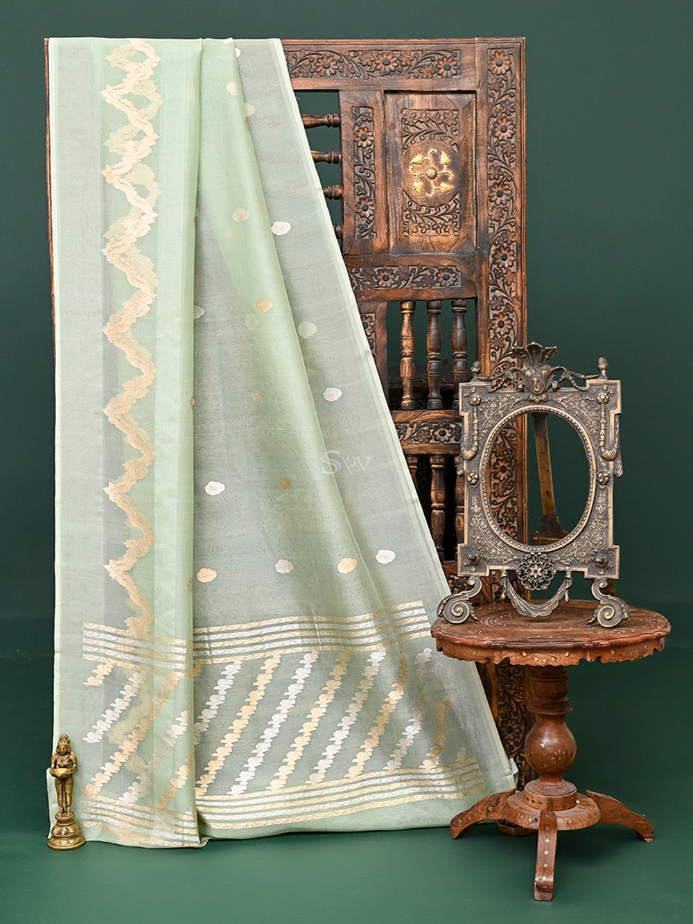 Mint Blue Organza Handloom Banarasi Saree - Sacred Weaves