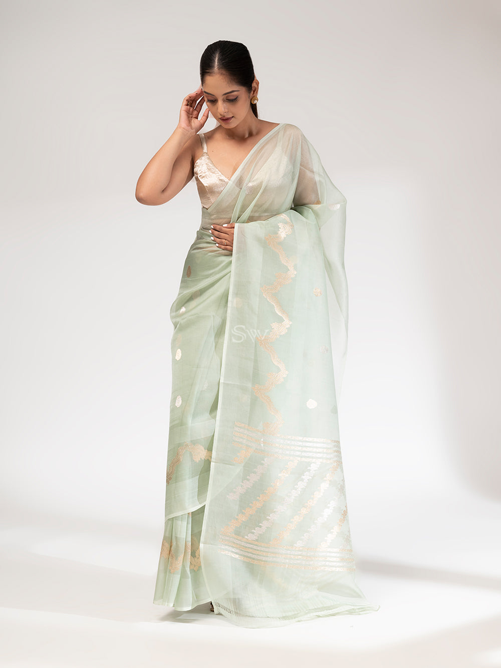 Pista Green Organza Handloom Banarasi Saree - Sacred Weaves