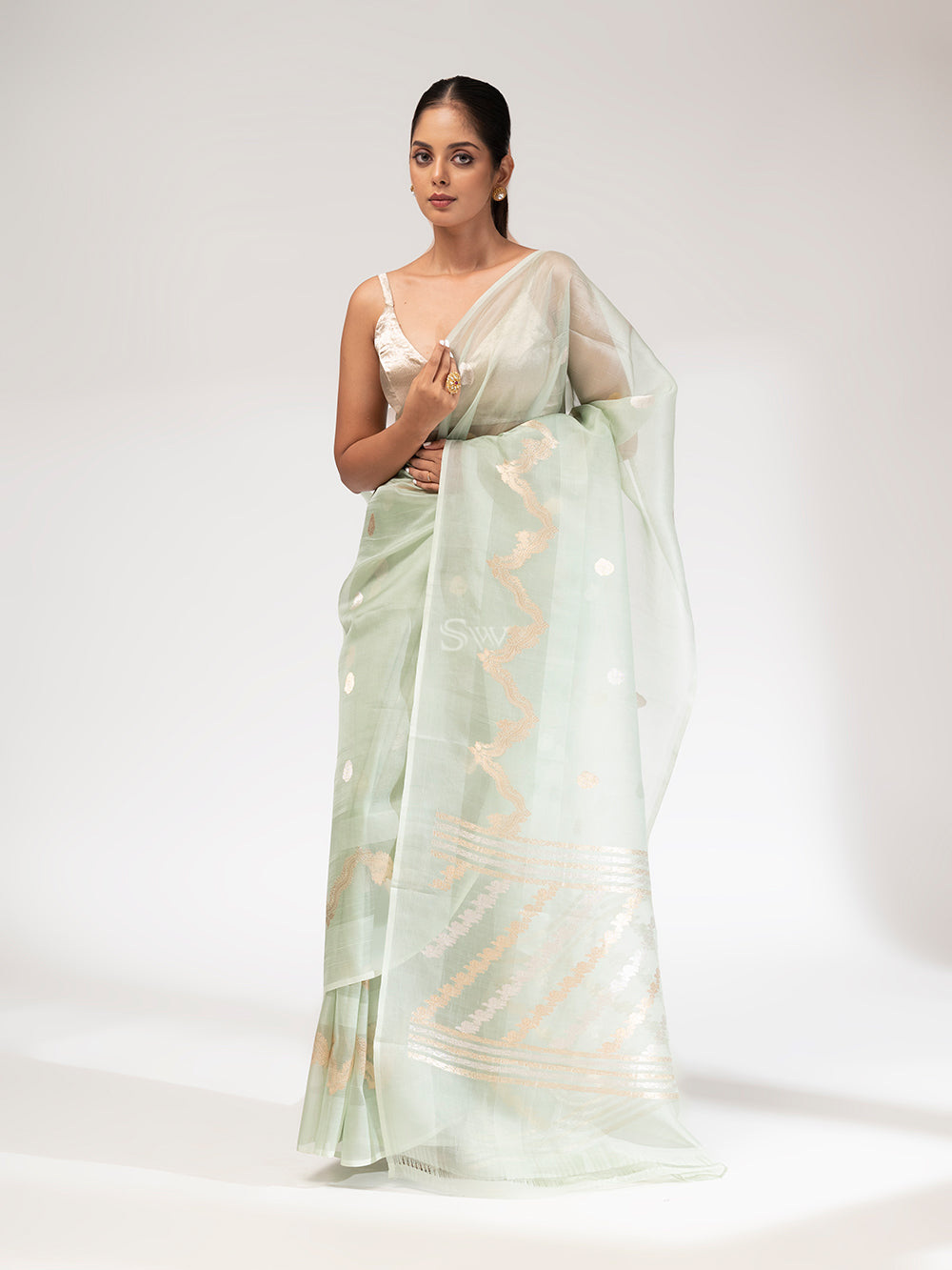 Pista Green Organza Handloom Banarasi Saree - Sacred Weaves