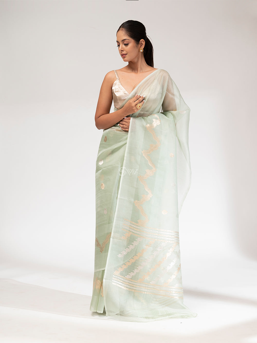 Pista Green Organza Handloom Banarasi Saree - Sacred Weaves