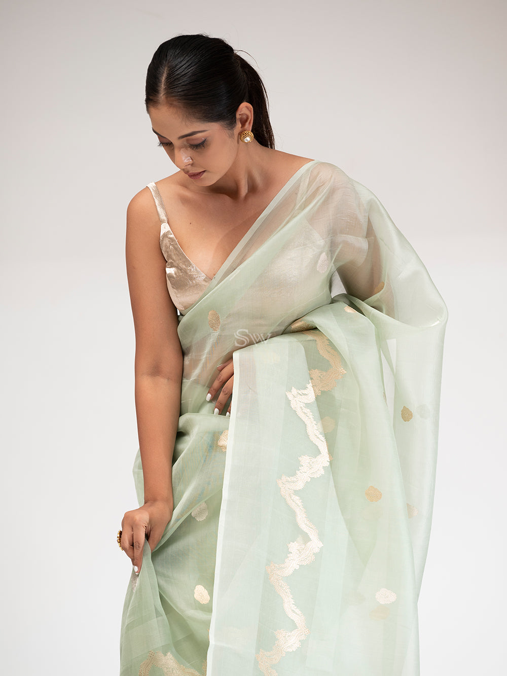 Pista Green Organza Handloom Banarasi Saree - Sacred Weaves