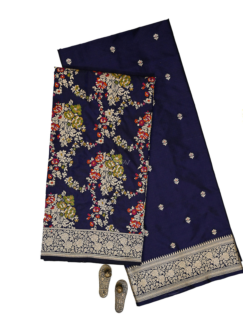 Midnight Blue Meenakari Booti Katan Silk Handloom Banarasi Suit - Sacred Weaves