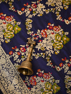 Midnight Blue Meenakari Booti Katan Silk Handloom Banarasi Suit - Sacred Weaves