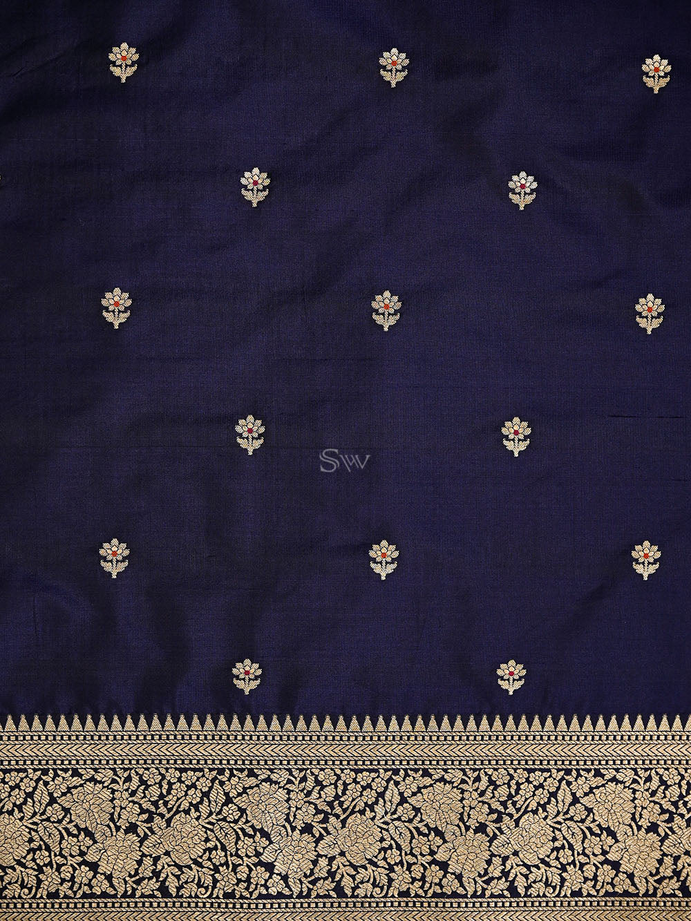 Midnight Blue Meenakari Booti Katan Silk Handloom Banarasi Suit - Sacred Weaves