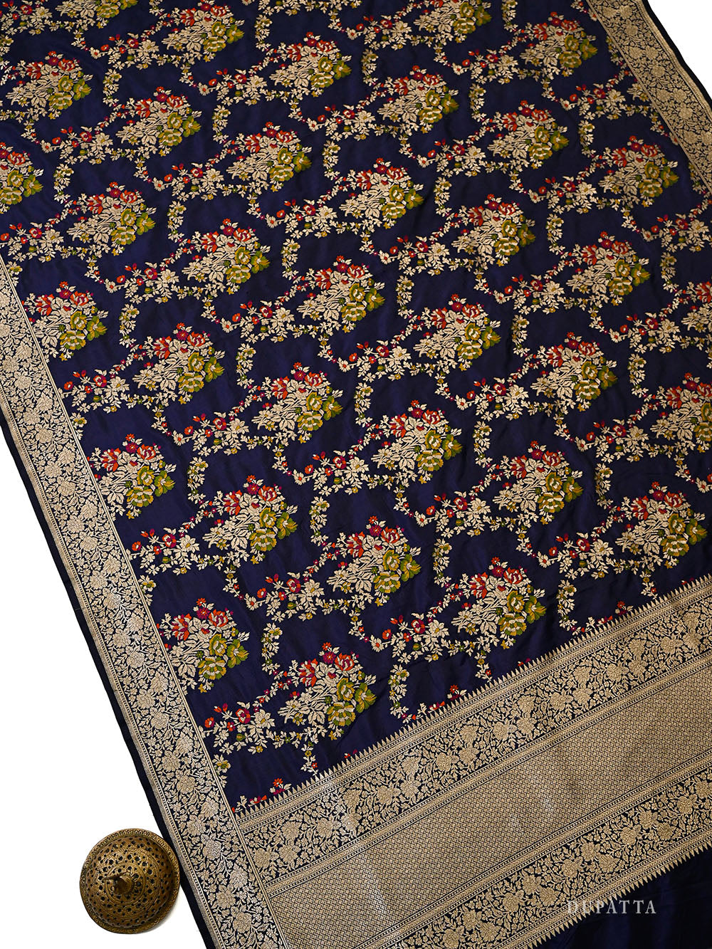 Midnight Blue Meenakari Booti Katan Silk Handloom Banarasi Suit - Sacred Weaves