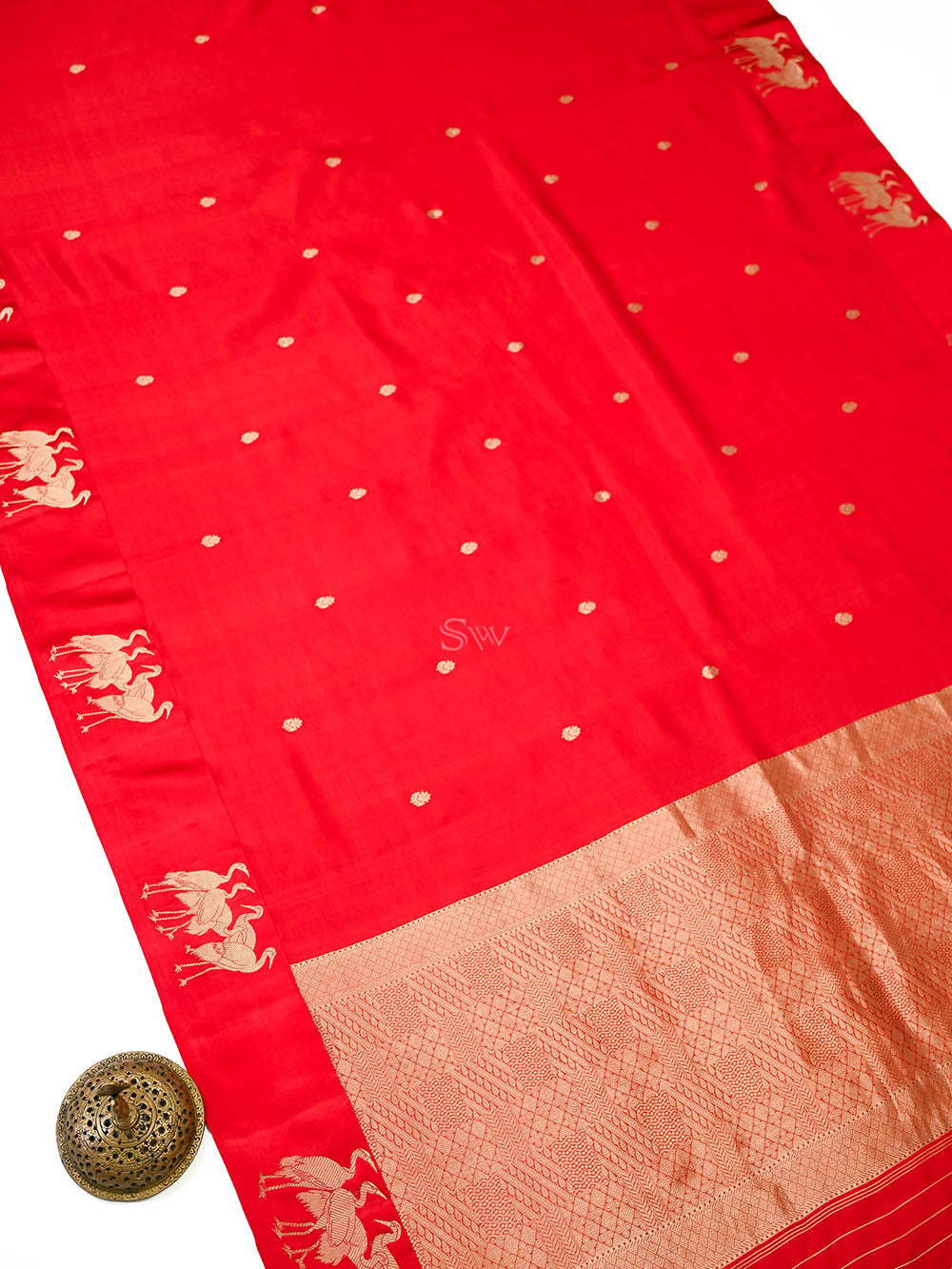 Red Gold Zari Booti Pure Handloom Banarasi Soft Silk Saree - Sacred Weaves