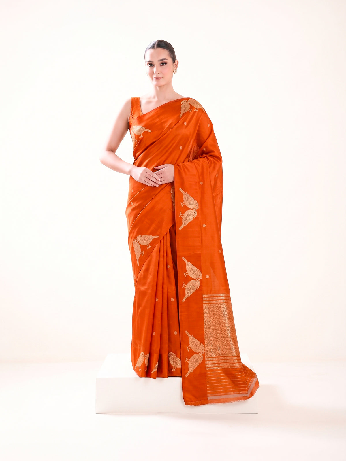 Orange Floral Booti Pure Handloom Banarasi Soft Silk Saree - Sacred Weaves