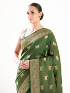 Bottle Green Shikargah Brocade Satin Silk Handloom Banarasi Saree - Sacred Weaves