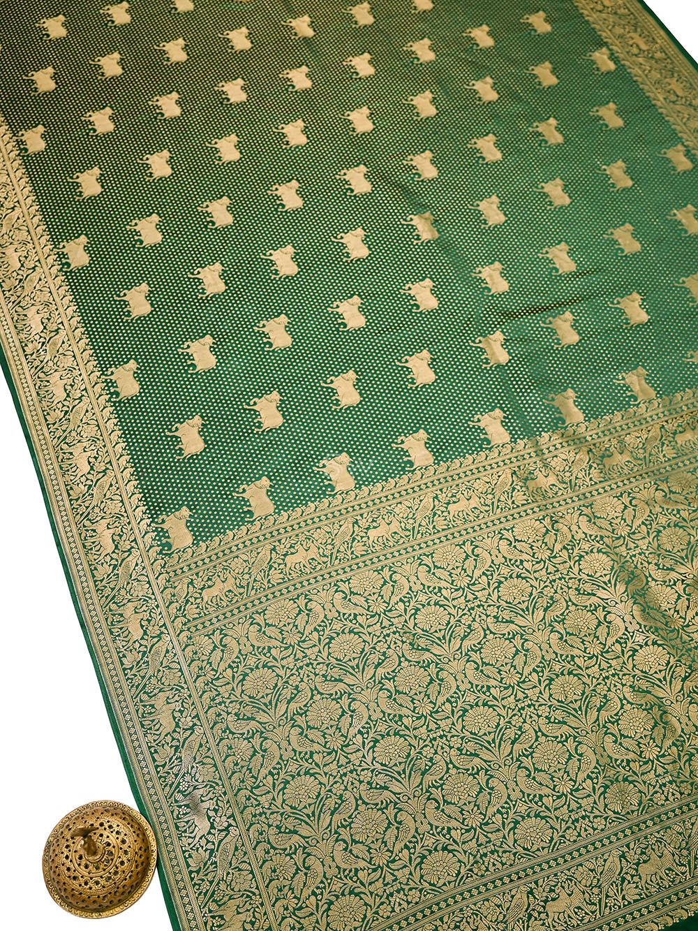Bottle Green Shikargah Brocade Satin Silk Handloom Banarasi Saree - Sacred Weaves