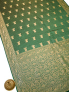 Bottle Green Shikargah Brocade Satin Silk Handloom Banarasi Saree - Sacred Weaves