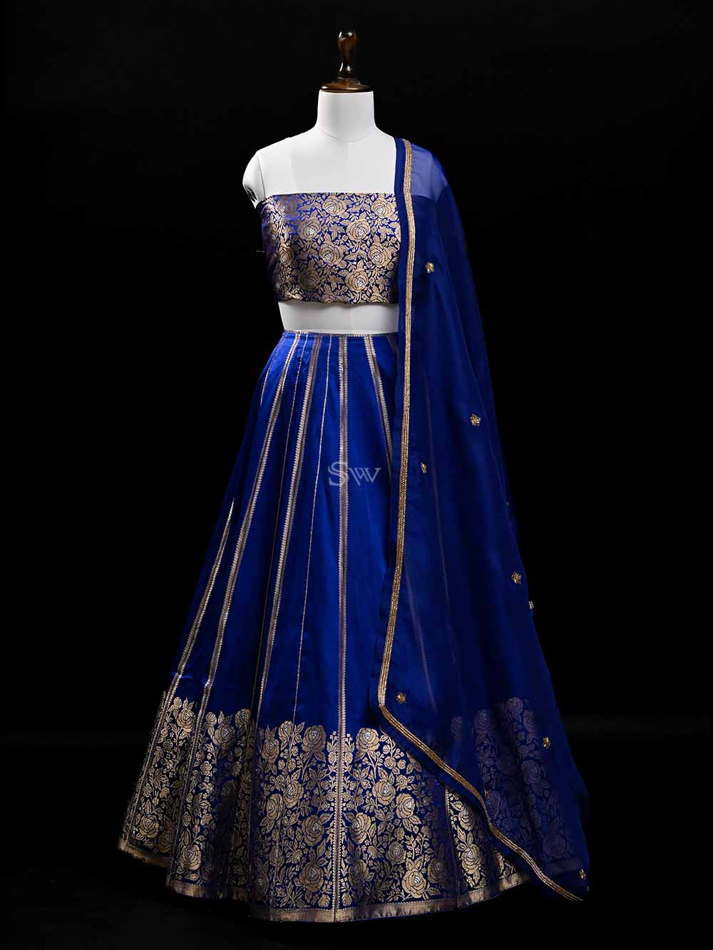 Blue Satin Silk Handloom Banarasi Lehenga - Sacred Weaves