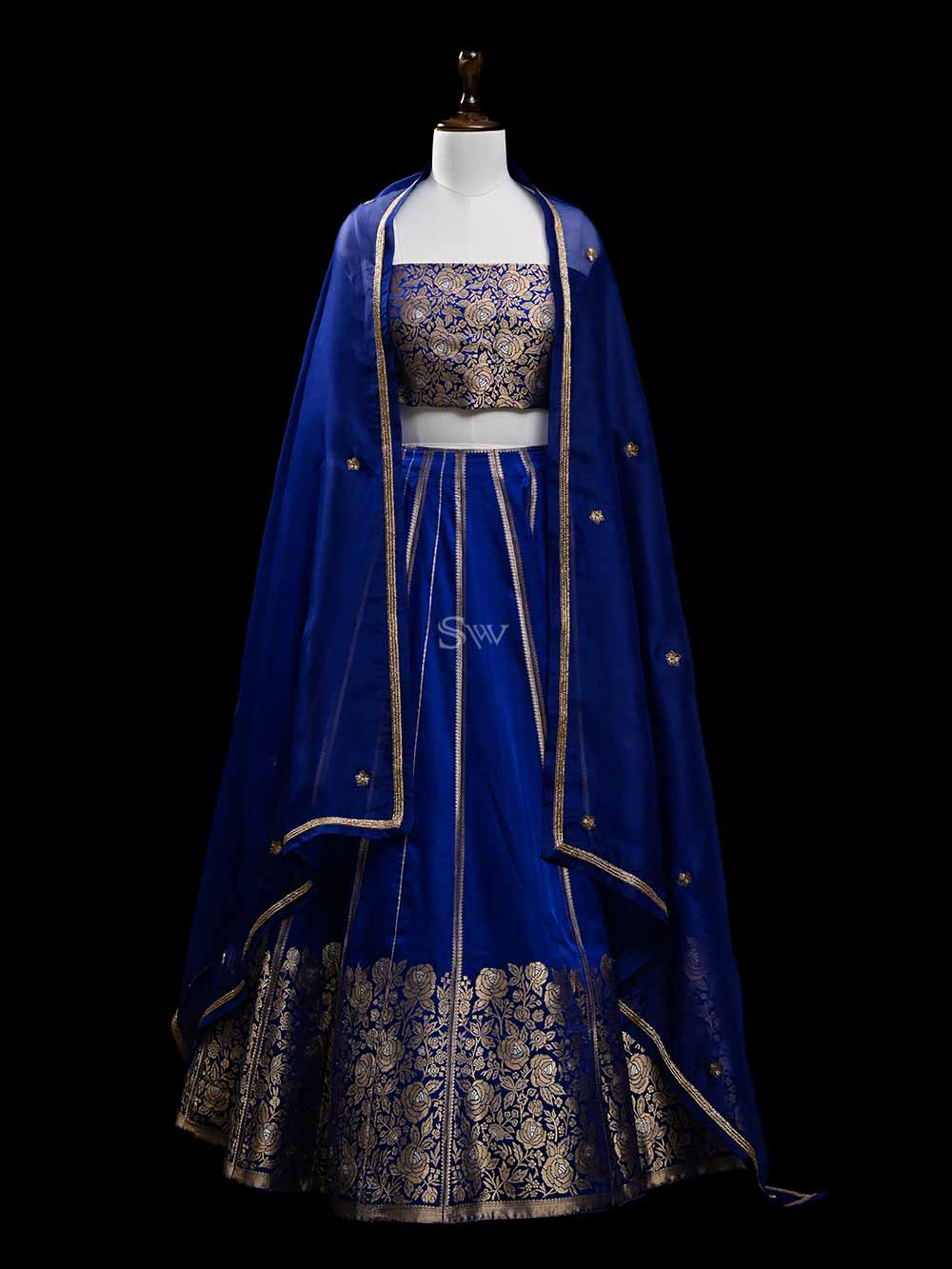 Blue Satin Silk Handloom Banarasi Lehenga - Sacred Weaves