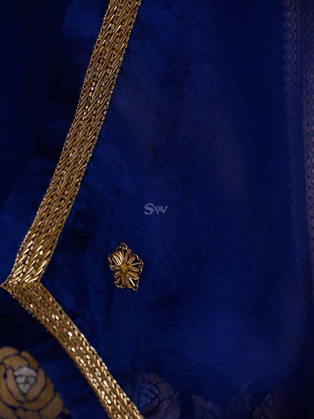 Blue Satin Silk Handloom Banarasi Lehenga - Sacred Weaves