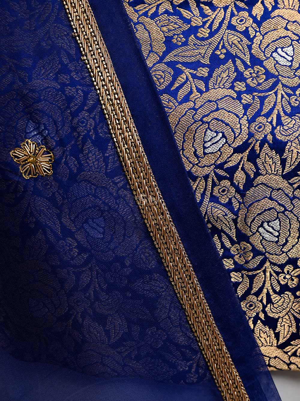 Blue Satin Silk Handloom Banarasi Lehenga - Sacred Weaves