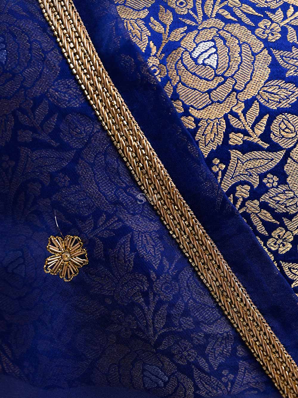 Blue Satin Silk Handloom Banarasi Lehenga - Sacred Weaves