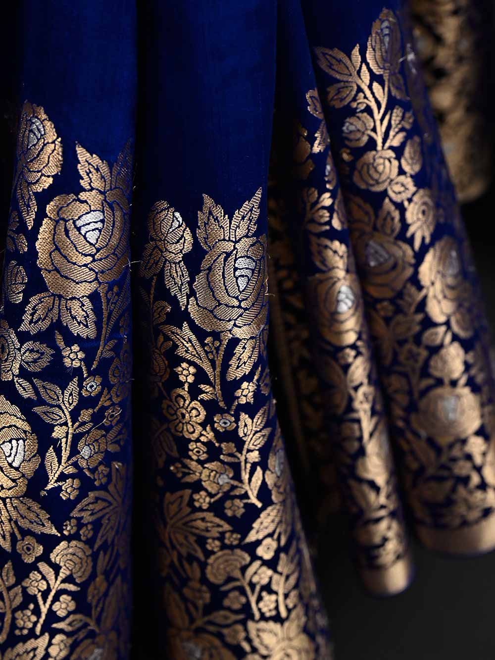Blue Satin Silk Handloom Banarasi Lehenga - Sacred Weaves