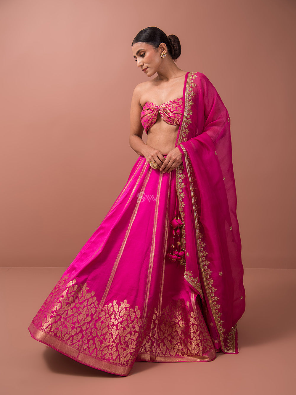 Magenta Satin Silk Handloom Banarasi Lehenga - Sacred Weaves