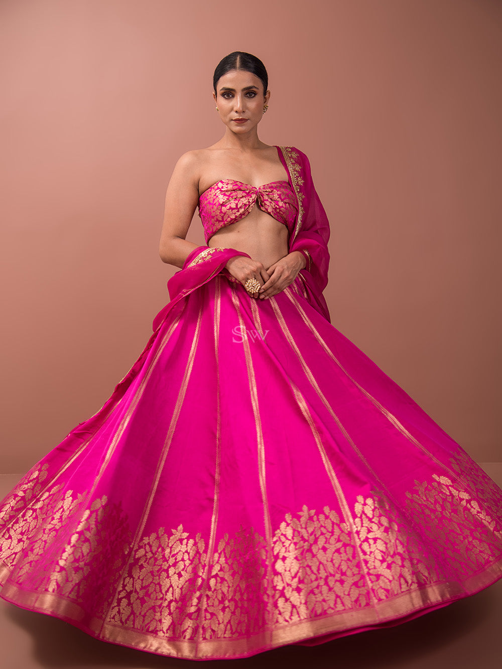 Magenta Satin Silk Handloom Banarasi Lehenga - Sacred Weaves