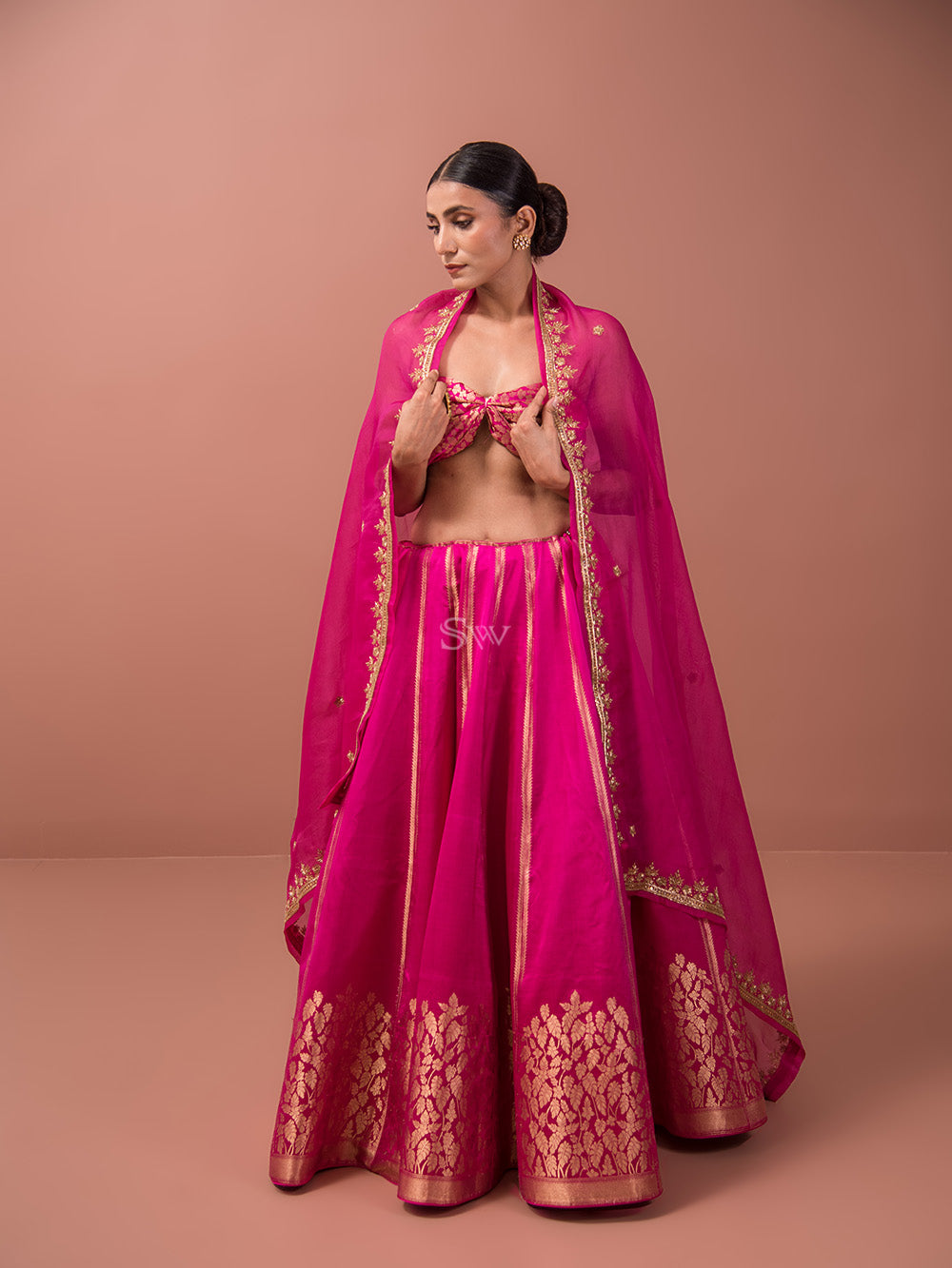 Magenta Satin Silk Handloom Banarasi Lehenga - Sacred Weaves