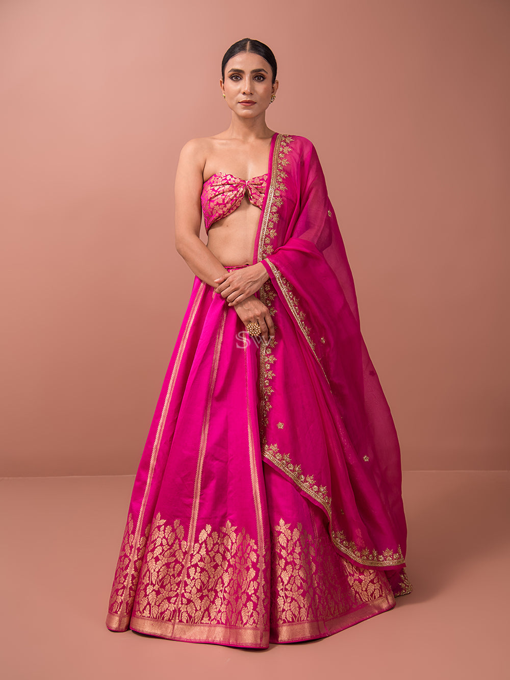 Magenta Satin Silk Handloom Banarasi Lehenga - Sacred Weaves