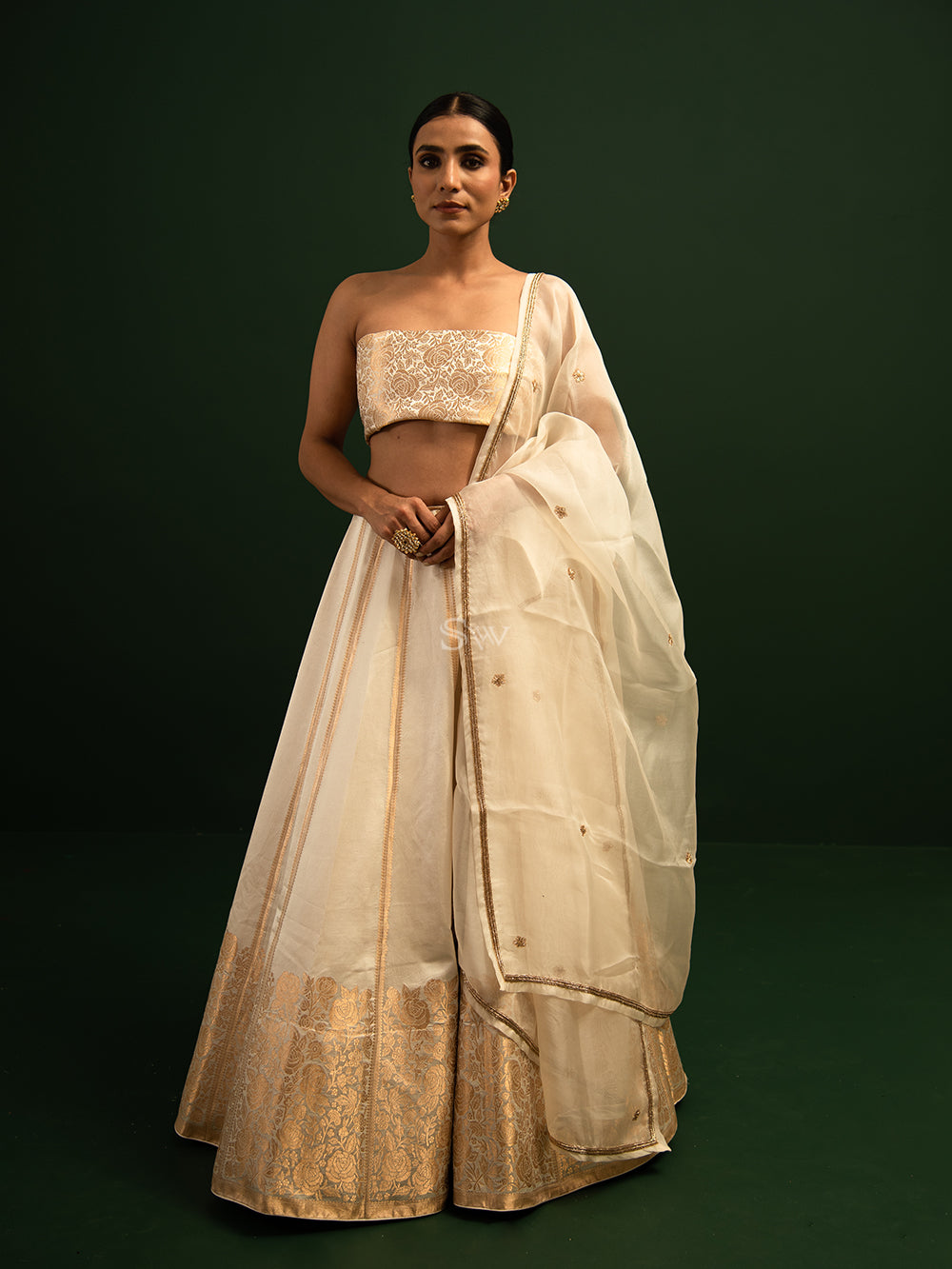 Off White Satin Silk Handloom Banarasi Lehenga - Sacred Weaves